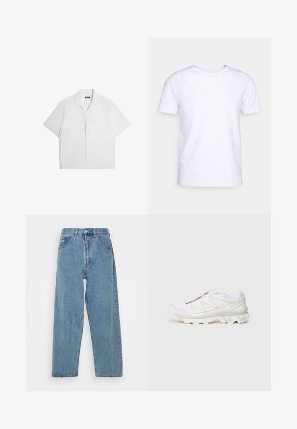 Short-sleeve white shirt, soft texture, button front, spread collar, single chest pocket, casual boxy design. Plain with no patterns.; White short-sleeve t-shirt in cotton fabric with a round neckline. Simple design with no patterns or accents. Smooth texture.; Light blue denim jeans with a high-waist, relaxed fit, featuring two front pockets, a back patch pocket, and a button closure.; White athletic shoe with textured mesh upper, reflective accents, and a cushioned sole. Notable brand logo on the side.
