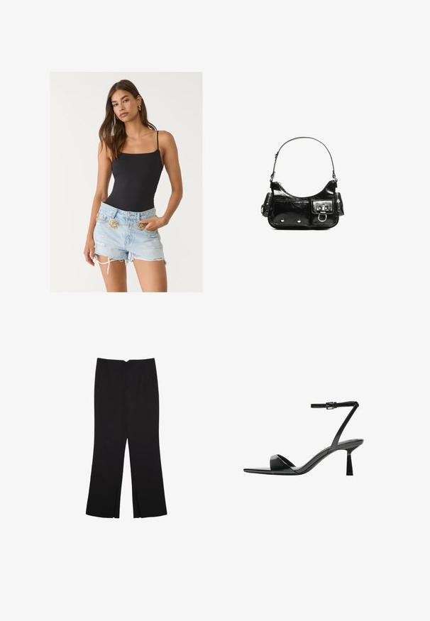 Čierny priliehavý body s tenkými ramienkami a vlnitými okrajmi, doplnený o zničené svetlomodré džínsové šortky s zlatým retiazkovým opaskom.; Čierne nohavice so strihom rovného strihu, s prednými vreckami a bočnými rozparkami na leme. Vyrobené z mäkkej, hladkej tkaniny. Vhodné na rôzne príležitosti.; Bershka Sandále na vysokom opätku - black; Čierna laková kožená kabelka s ohnutým tvarom, jedným ramenným popruhom, prednými vreckami a striebornými kovovými doplnkami.