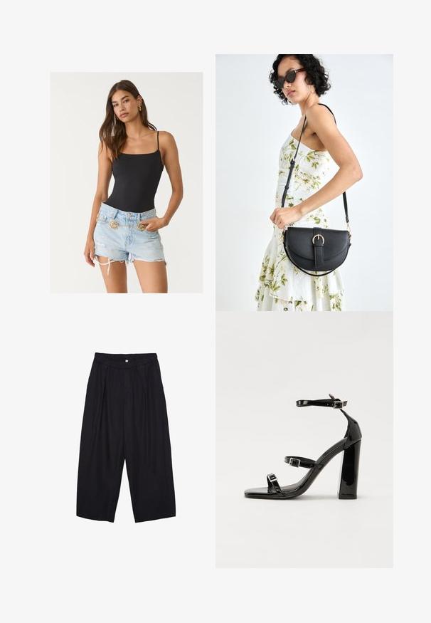 Čierny priliehavý body s tenkými ramienkami a vlnitými okrajmi, doplnený o zničené svetlomodré džínsové šortky s zlatým retiazkovým opaskom.; Čierne polyesterové culotte nohavice s elastickým pásom, dvoma prednými záhybmi a voľným strihom. Žiadne viditeľné vzory ani detaily z kovu.; Čierne lakované sandále na podpätku so štvorcovou špičkou, navlečenými remienkami okolo členku a striebornými prackami. Disponujú masívnym blokovým podpätkom pre stabilitu.; Čierna kožená kabelka s zaobleným tvarom, odnímateľným popruhom a zlatými doplnkami. Kabelka má klopu s detailom s prackou.