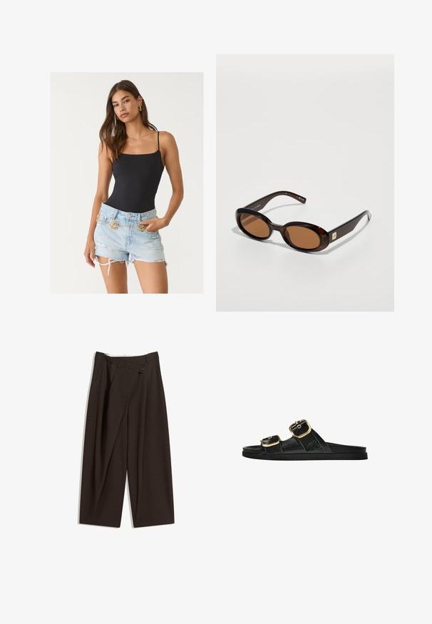 Body nero aderente con spalline sottili e bordi scallop, abbinato a pantaloni corti in denim azzurro chiaro strappati, con cintura in catena dorata.; Pantaloni a gamba larga marrone scuro con vita alta, dotati di una chiusura con bottone singolo e una parte anteriore plissettata. Realizzati in tessuto leggero.; Infradito neri con due accenti di fibbia dorata, materiale dalla texture liscia, suola piatta e design minimalista.; Occhiali da sole tartarugati marroni con lenti ovali, caratterizzati da una montatura sottile e un piccolo accento metallico sul lato. Finitura texturizzata e lucidata.