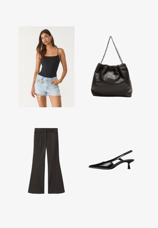 Crni uski bodi s tankim naramenicama i valovitim rubovima, uparen s iznošenim svijetloplavim traper šortsevima koji imaju zlatnu lančić-beltu.; Crne široke hlače s visokim strukom; sadrže dva prednja džepa i glatku teksturu materijala. Pogodne za razne prigode.; Crne lakirane natikače na remenčić sa špicastim nosom, dizajnom sa izrezima sa strane i malim kvadratnim potplatom. Glatka tekstura s minimalnim akcentima.; Smeđa kožna torba s naboranim vrhom i lančićem za nošenje. Glatka tekstura s sjajnim završetkom i suptilnim šavnim detaljima sa strane.