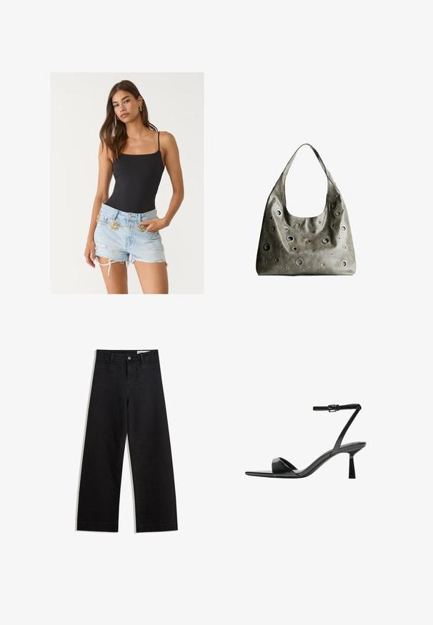 Body nero aderente con spalline sottili e bordi scallop, abbinato a pantaloni corti in denim azzurro chiaro strappati, con cintura in catena dorata.; Pantaloni in denim neri a gamba larga con vita alta, dotati di tasche anteriori e posteriori, cuciture a punto, e chiusura con bottone. Texture liscia.; Bershka Sandali con tacco - black; Borsa a tracolla in pelle verde oliva con un design morbido, caratterizzata da tagli circolari di diverse dimensioni e dettagli in tonalità più scure e più chiare.