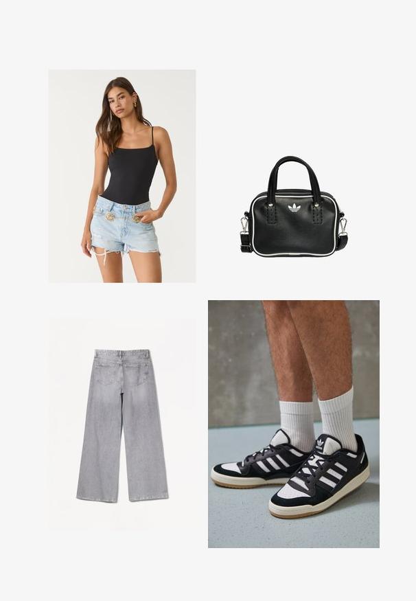 Body nero aderente con spalline sottili e bordi scallop, abbinato a pantaloni corti in denim azzurro chiaro strappati, con cintura in catena dorata.; Bershka WIDE-LEG - Wide Leg - grey; Sneaker bianco e nero con tomaia in suede e pelle, caratterizzati da tre strisce bianche, punta perforata e suola in gomma naturale.; Borsa a mano in pelle nera con due manici corti, hardware argentato, dettagli bianchi e un logo bianco. Presenta una superficie strutturata e un design compatto.