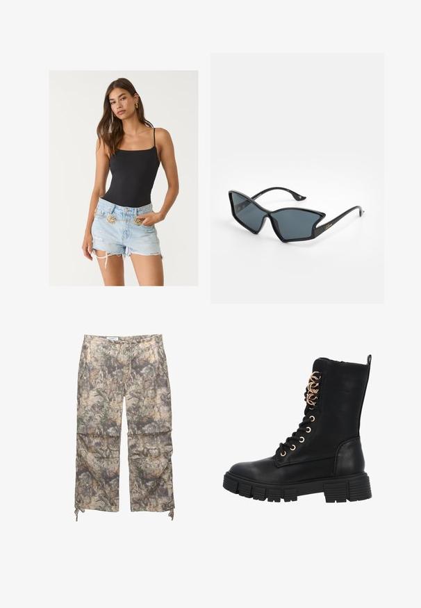 Svart åtsittande bodysuit med spagettisnören och scallopkanter, parat med slitna ljusblå denimshorts som har ett guldkedjebälte.; Byxor med kamouflage-mönster i ett lätt material, elastisk midja, sidofickor och justerbara dragsnörning vid vristerna.; Svart snörad känga i combat-stil med en kraftig gummisula, cirkulära roséguld ögla och en texturerad läderfinish. Dragkedja på sidan för enklare åtkomst.; Svarta plastsolglasögon med geometrisk kattöga-form, grå linser och guldbeklädnader på bågarna. Slät yta över hela ramen.