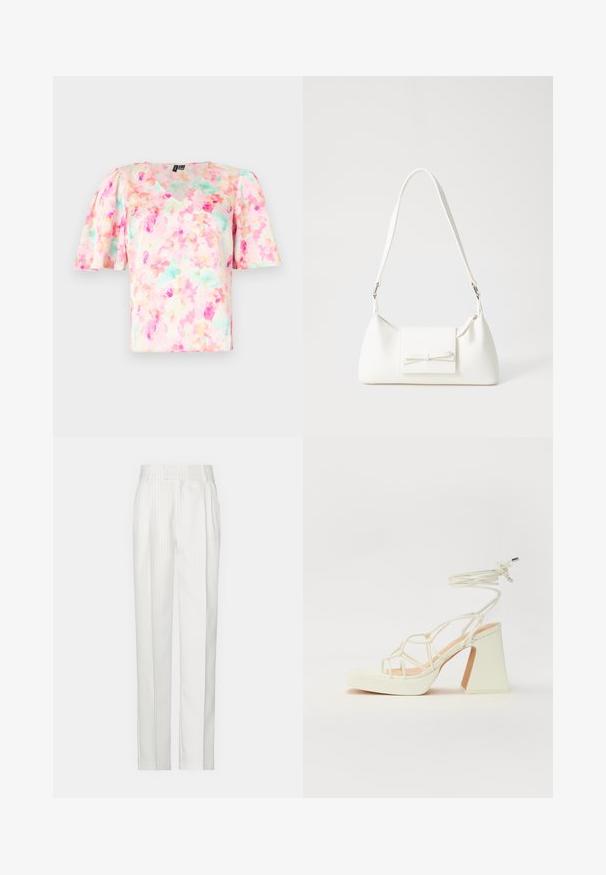 Blusa a stampa floreale in toni pastello di rosa e verde menta, con scollatura a V e maniche a sbuffo corte, realizzata in tessuto leggero.; Pantaloni bianchi a righe sottili con un design a gamba dritta, realizzati in un tessuto leggero. Presentano pince sul davanti e una vita tradizionale.; Sandalo bianco con tacco alto, caratterizzato da un design a cinturini e un legaccio alla caviglia. Texture liscia con una piattaforma frontale per un'altezza aggiuntiva.; Borsa sintetica bianca a forma triangolare, con patta anteriore piatta e dettaglio a fiocco, tracolla regolabile, texture liscia e design minimalista.