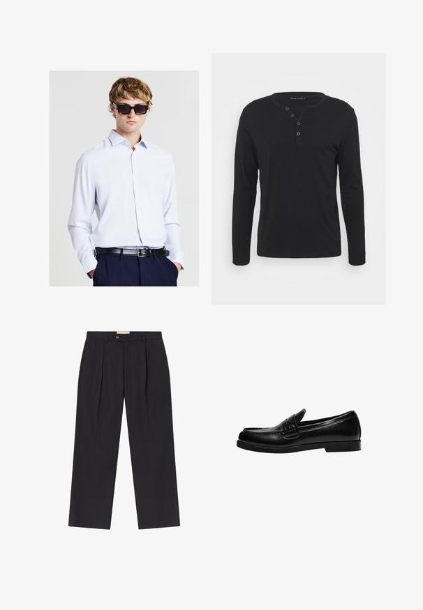 Junger Mann mit übergroßen schwarzer Sonnenbrille, hellblauem Hemd mit Knöpfen, dunkler Hose und schwarzem Ledergürtel, posing mit den Händen in den Taschen.; Schwarzes Langarm-Henley-Shirt aus weichem Stoff, mit knöpfbarer Leiste, rundem Ausschnitt und enganliegenden Ärmeln.; Maßgeschneiderte dunkelblaue Stoffhosen mit hoher Taille, zwei frontalen Falten, Knopfverschluss und geraden Beinen aus glattem Material.; Schwarze Lederloafer mit glatter Oberfläche, ausgestattet mit einer Nahtverzierung an der Vorderkappe und einer niedrigen, durchgehenden Gummisohle in Schwarz.