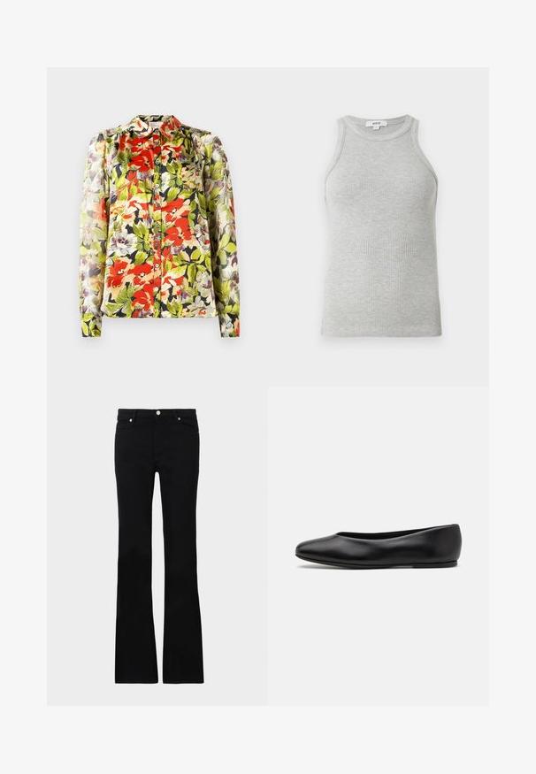 Blusa floreale con colletto, maniche lunghe e chiusura a bottoni. Presenta motivi floreali rossi, verdi e viola su uno sfondo chiaro.; Canottiera grigia a coste con design aderente, ampie aperture per le braccia e scollatura arrotondata. Realizzata in morbido tessuto di cotone con una texture liscia.; Jeans neri svasati in denim, dotati di due tasche anteriori, chiusura con bottone e una texture liscia. Cuciture iconiche visibili nei punti di giuntura.; Paul Smith TOPANGA - Ballerine - black