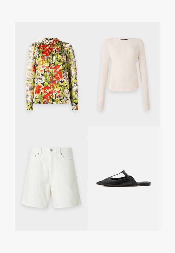 Blusa floreale con colletto, maniche lunghe e chiusura a bottoni. Presenta motivi floreali rossi, verdi e viola su uno sfondo chiaro.; Maglietta a maniche lunghe di colore beige chiaro con scollatura rotonda. Realizzata in tessuto morbido, presenta una cucitura centrale e un orlo leggermente curvato. Senza hardware visibile.; Shorts di denim bianco con taglio dritto, design a cinque tasche, chiusura frontale con bottone, accessori in argento e dettagli cuciti.; Scarpa slingback in pelle nera con punta appuntita, con un dettaglio intrecciato e un design superiore plissettato. Suola piatta con hardware minimale.