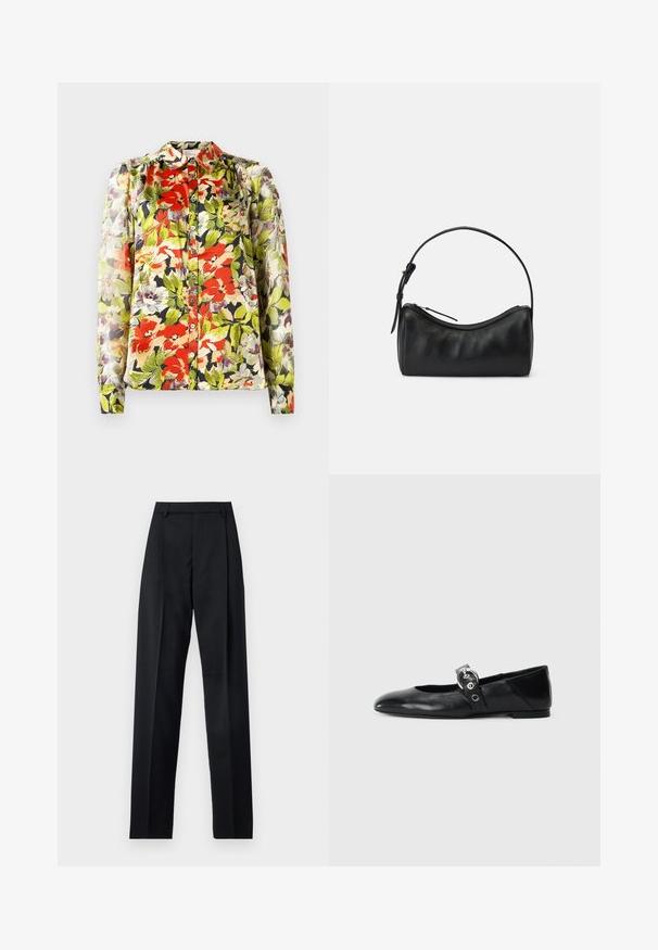 Blumenbluse mit Kragen, langen Ärmeln und durchgehender Knopfleiste. Mit roten, grünen und lila Blumenmustern auf hellem Hintergrund.; Schwarze Hosen aus glattem Stoff mit hoher Taille, weitem Bein, vorderen Falten und klassischen Gürtelschlaufen. Keine sichtbaren Seitentaschen.; Schwarze Ballettflat mit spitzer Spitze, ausgestattet mit einem Riemen und einer runden, metallischen Schnalle sowie einer flachen Sohle.; Schwarze Leder-Umhängetasche mit geschwungenem Design, Reißverschluss und schmalem Trageriemen. Hat eine glatte Textur und dezente Nahtdetails.