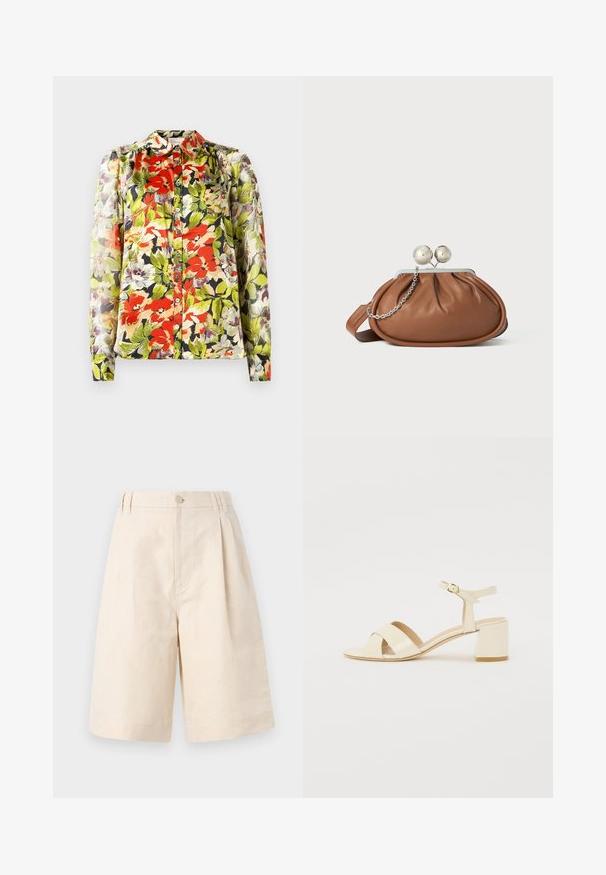 Gėlių palaidinė su apykakle, ilgesnėmis rankovėmis ir mygtukų užsegimu priekyje. Apipavidalinta raudonais, žaliais ir purpuriniais gėlių raštais šviesiame fone.; Šviesiai rudų lino šortai su laisvu kirpimu, su mygtukų uždarymu, klostuotais raštais ir kelio ilgio kirpimu. Lygus audinys ir paprastas stilius.; Bežinės patentinės odos aukštakulnės šlepetės su kryžminiu dirželiu, atvira nosimi, reguliuojamu kulkšnies dirželiu ir blokuotu kulnu. Lygi tekstūra.; Ruda odinė rankinė su sidabriniu rutuliniu užsegimu ir maža sidabrine grandinėle ant balto fono.