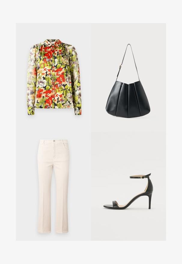 Blusa floral con cuello, mangas largas y cierre frontal de botones. Presenta patrones florales en rojo, verde y púrpura sobre un fondo claro.; Jeans beige acampanados de algodón, con cintura alta, cinco bolsillos, cierre de botón y detalles de costura sutiles.; Sándalo de tacón alto de piel negra con tiras en el tobillo. Presenta una textura suave, puntera abierta y un tacón delgado. Detalles de hebilla en tono dorado.; Bolso de hombro de cuero negro con diseño plisado, textura suave, correa única y un sutil acento de metal dorado.