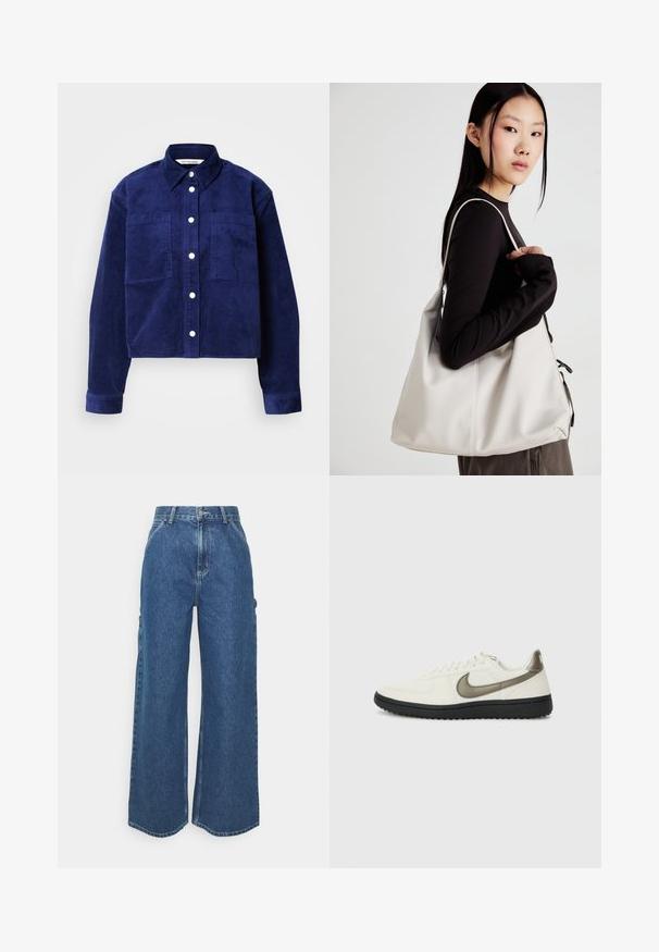 Navy corduroy shirt jacket with two front pockets, front button closure, collar, and long sleeves featuring button cuffs.; Wide-leg blue denim trousers with a high waist, contrasting stitching, and side pockets, featuring a classic five-pocket design and raw hems.; Nike Sportswear FIELD GENERAL - Trainers - off-white/black; Beige handbag made of soft material, featuring a slouchy design, stitched detailing, and two shoulder straps. Suitable for everyday use.