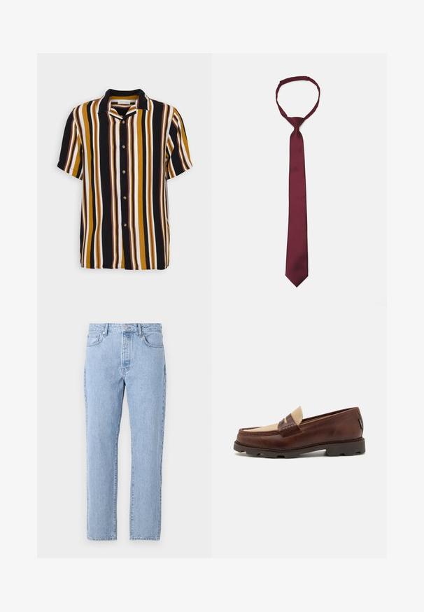 Cămașă cu mânecă scurtă, dungi verticale galbene, maronii, negre și albe, cu guler clasic și nasturi din lemn.; Jeans de blugi de culoare bleu deschis, cu un design drept, cinci buzunare și închidere cu buton. Textură moale cu un finisaj clasic, decolorat.; Loaferi din piele maro cu un accent din pânză taupe, detalii cusute și o talpă din cauciuc texturat, proiectați pentru confort și durabilitate.; Cravat din satin burgund cu o textură netedă, lățime îngustă și vârf ascuțit; dispune de o buclă pentru o purtare ușoară.