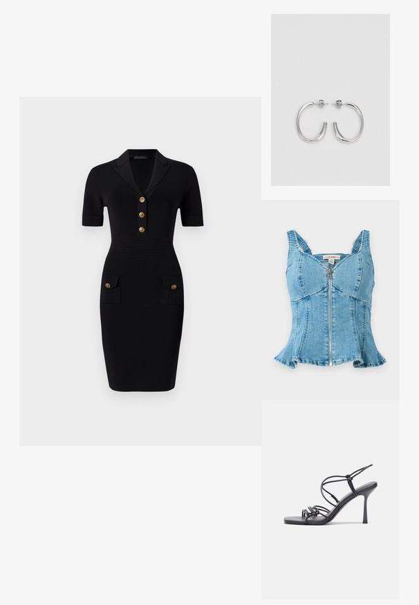 Blaues Denim-Oberteil mit einem Reißverschluss vorne, strukturierten Körbchen, breiten Trägern und einem ausgestellten Saum. Texturierten Stoff mit genähten Details.; Schwarzes Enges Kleid mit kurzen Ärmeln, Kragen und fünf goldenen Knöpfen sowie zwei Vordertaschen mit passenden Knöpfen. Glatte Stofftextur.; Schwarze, hochhackige Sandalen mit dünnen Riemen und einem geknoteten Design, einer glatten, rechteckigen Zehenpartie und einem eleganten Stiletto-Absatz.; Hellegraue metallische Handtasche mit einer Kettenriemen, verziert mit kleinen kreisförmigen metallic Nieten und einem dreieckigen Markenlogo.; Silberne Creolen mit einer glatten, glänzenden Oberfläche. Abgerundete Form, leichtes Design, mit einer Steckverschluss.