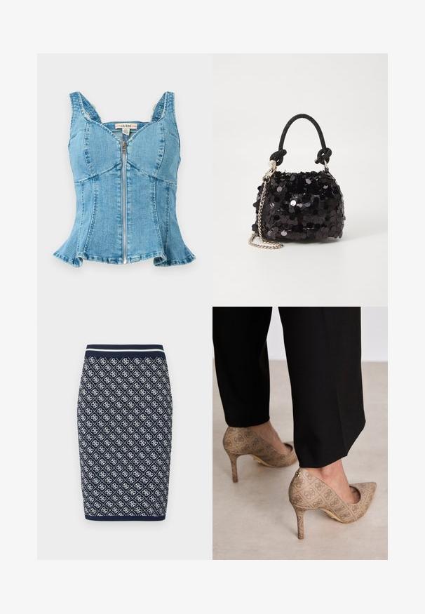 Zila denima blūze ar priekšējo rāvējslēdzēju, strukturētām krūšu kausām, plašām plecu siksnām un izplatīto apakšmalu. Tekstūrēta auduma ar izšūšanas detaļām.; Adīta pildspalvu svārku svītrainā tumši zila un balta krāsā ar dimanta ģeometrisku rakstu. Iezīmēts ar svītrainu elastīgu jostu un gludu tekstūru.; Bežīgas augstpapēžu kurpes ar teksturētu audumu, kas rotāts ar atkārtotu rakstu. Norādītā pirksta dizains ar aizmugurējo akcentu un zelta papēža detaļām.; Melna spīguļota mini rokas soma ar mezglotu teksturētu siksniņu un sudraba ķēdi. Apaļa forma ar sakopotām malām un atstarojumu detaļām.