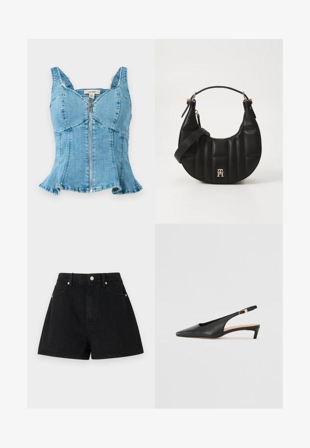 Blauwe denim top met een rits aan de voorkant, gestructureerde cups, brede schouderbanden en een uitlopende zoom. Textuurstof met gestikte details.; Zwarte denim shorts met een hoge taille, vijf zakken, zilverkleurige hardware en een standaard pasvorm, met een gladde textuur en een nette afwerking.; Zwarte leren slingback hak met een eveneens spitse neus, lage hak en een verstelbare enkelband met een goudkleurige gespsluiting. Glad reliëf.; Zwarte leren handtas met een gebogen vorm, gevoerd textuur en gouden hardware. Beschikt over een afneembare schouderband en logo-detail.