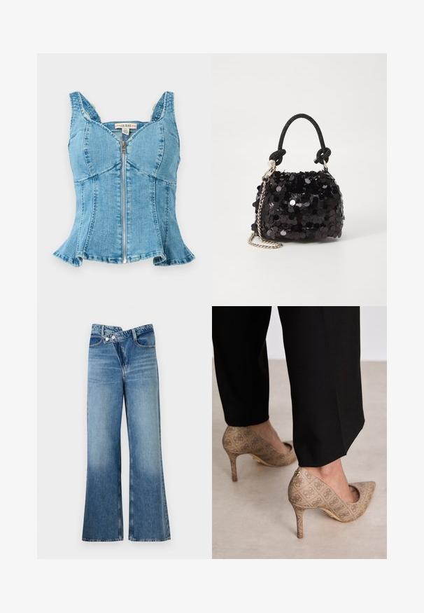 Blå denimtop med en front lynlås, strukturerede kopper, brede skulderstropper og en udvidet kant. Tekstureret stof med syede detaljer.; Lysblå denim flared jeans med høj talje, der har to knapper og forlommer. Stoffet har en falmet struktur med subtile variationer.; Beige høje hæle med et struktureret stof, der har et gentaget mønster. Spids tådesign med en bagsideaccent og guldhælsdetail.; Sort pailette mini håndtaske med en knyttet struktureret rem og sølv kæde. Rund form med samlet top og reflekterende detaljer.
