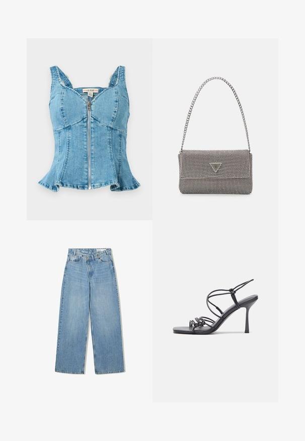 Sininen farkkutoppi, jossa on etuvetoketju, muotoillut kupit, leveät olkaimet ja leveneva helma. Teksturoidusta kankaasta, jossa on ommeltuja yksityiskohtia.; Vaaleansiniset leveälahkeat farkut, joissa on korkea vyötärö, viisi taskua, nappikiinnitys ja hienovarainen kuluminen tekstuurin lisäämiseksi.; Mustat korkokengät sandaalit, joissa on ohuet hihnat solmittuna, sileä neliön muotoinen varvasosa ja tyylikäs stiletto-korko.; Vaalea harmaa metallinen käsilaukku, jossa on ketjusanka. Laukku on koristeltu pienillä pyöreillä metallikoruilla ja kolmion muotoisella brändilogolla.; Hopehopeet hopehopeet hopehopeet hopehopeet, jolla on sileä, kiiltävä pinta. Pyöreä muoto, kevyt rakenne, jossa on neulakiinnitys.