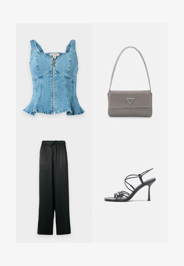 Modra denim bluza s sprednjim zadrgo, strukturiranimi skodelicami, širokimi naramnicami in razširjenim robom. Teksturna tkanina s šitimi detajli.; Črne široke hlače iz gladkega materiala, ki imajo elastični pas s trakcem za zategovanje. Preprost, minimalističen dizajn.; Črne visoke sandale na peto imajo tanke naramnice z vozlom, gladek kvadratni toe in eleganten stiletto peto.; Svetlo siva kovinska torbica z verižnim ročajem, okrašena z majhnimi okroglimi kovinskimi bleščicami in trikotnim logotipom blagovne znamke.; Srebrne obročaste uhane z gladko, sijočo površino. Zaobljena oblika, lahka zasnova, z zapiranjem na zatič.