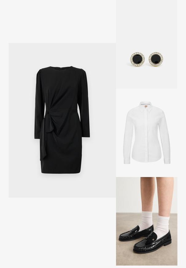 Weißes Langarm-Hemd mit Knopfverschluss aus strapazierfähiger Baumwolle, klassischem Kragen, vorderem Knopfverschluss und taillierter Passform. Glatte Textur, ohne Muster.; Schwarzes Kleid mit langen Ärmeln, runder Ausschnitt und einem Knoten-Detail in der Taille. Hergestellt aus glattem Stoff mit leichter Textur.; Schwarze Lacklederloafer mit fransigem Design, akzentuiert durch ein kleines Metallsymbol und getragen mit weißen Knöchelsocken. Flache Sohle.; Schwarze Lederhandtasche mit strukturiertem Finish, eckiger Form, doppelten Griffen und einem verstellbaren Schultergurt. Mit einem DKNY Logo-Akzent.; DKNY INLAY STUD - Ohrringe - black/gold-coloured