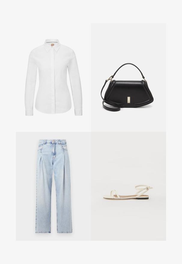 White long-sleeve button-up shirt in crisp cotton fabric with a classic collar, front placket, and tailored fit. Smooth texture, no patterns.; Light blue denim jeans with a high waist, wide-leg cut, two side pockets, and pleated design feature. Soft texture with a faded finish.; Flat sandals in cream leather with thin cross straps, ankle strap with buckle, minimalistic design, and a contrasting black sole.; Black leather handbag with a structured design, featuring a cropped shape, top handle, and gold hardware accent. Adjustable shoulder strap included.