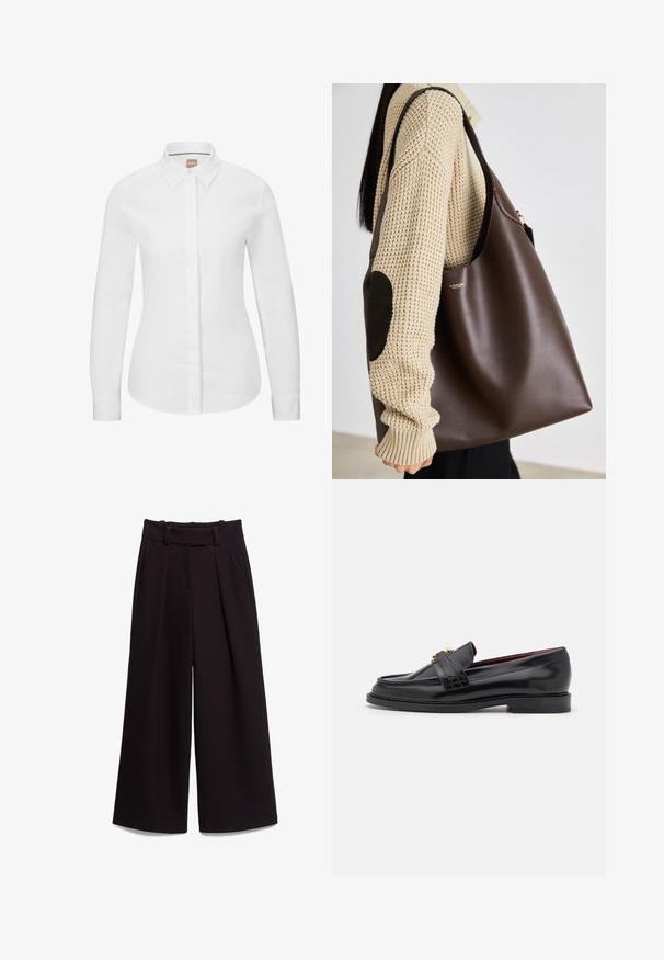 White long-sleeve button-up shirt in crisp cotton fabric with a classic collar, front placket, and tailored fit. Smooth texture, no patterns.; Black wide-leg trousers made of smooth fabric, featuring a high waist, belt loops, and two front pockets. Pleated design adds texture.; Black leather loafers with a stitched pattern, smooth texture, gold buckle detail, and a rounded toe, set on a low black sole.; Brown leather tote bag with a spacious design. Features a smooth texture and a subtle gold logo. Paired with a cream knit sweater.