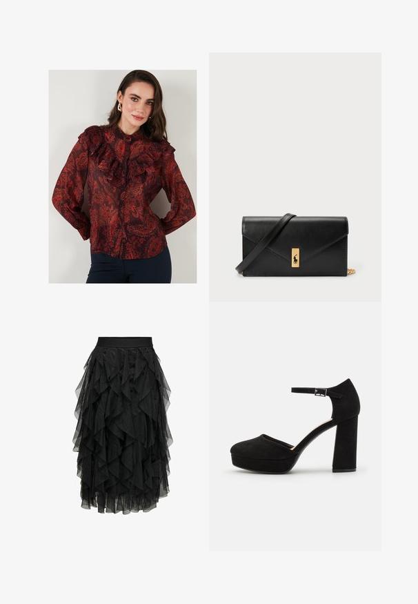 Blusa de estampado paisley rojo con tela transparente, cuello con volantes y cierre frontal con botones. Mangas largas con puños abotonados.; Falda midi negra de tul en capas con un diseño con volantes. Presenta una cinturilla elástica. El tejido transparente añade textura y movimiento.; Zapatos de tacón de ante negro, con plataforma y un grueso tacón cuadrado, punta redondeada y una correa en el tobillo asegurada con una hebilla de metal. Textura suave en toda su superficie.; Billetera de cuero negra con solapa plegable, hardware dorado, que presenta un acento de logo. Incluye una correa desmontable para llevarla.