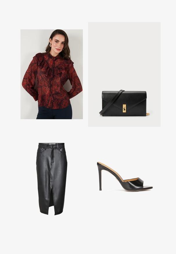 Rdeč bluzon s paisley motivom iz prosojnega blaga, naguban ovratnik in zapenjanje spredaj. Dolgi rokavi z gumbastimi manšetami.; Črna usnjena krila s srednje dolžino, ki ima sprednji razporek, klasične zanke za pas in prišite detajle vzdolž šivov.; Črne sandale na peto z odprtim prstom in sijočo usnjeno obdelavo, z ozkim blok peto in gladkim, ukrivljenim pasom čez nart.; Črna usnjena denarnica s prepognjenim pokrovom, zlato okovje, ki vključuje poudarek z logotipom. Vključuje odstranjljivo naramnico za nošenje.