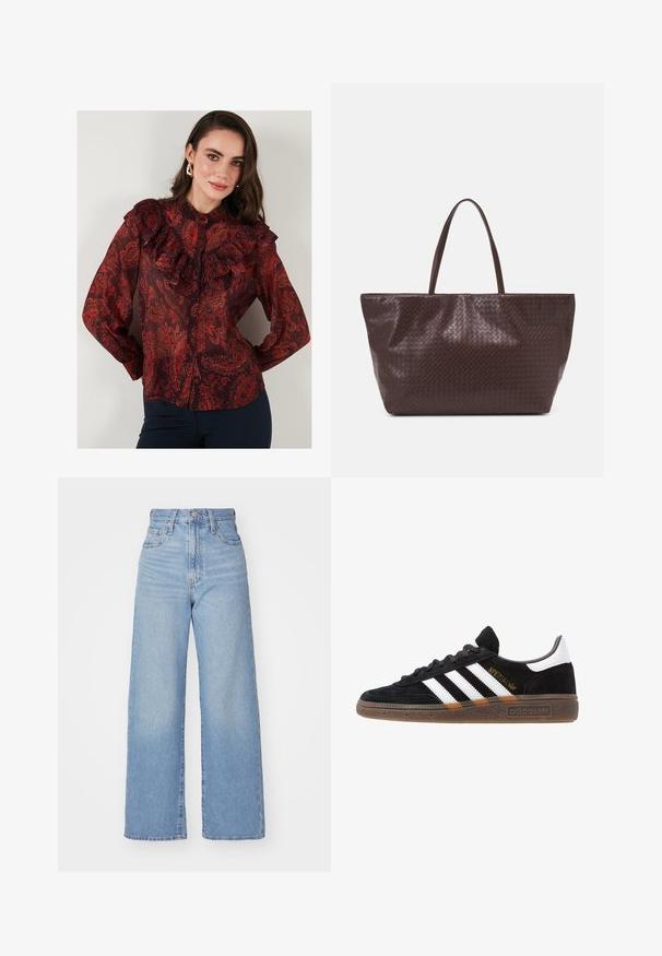 Piros paisley mintázatú blúz áttetsző anyagból, fodros gallérral és gombos elülső résszel. Hosszú ujjak gombos mandzsettával.; Világoskék, magas derekú, bő szárú farmernadrág, elülső gombbal és cipzárral, elülső és hátsó zsebekkel, fehér háttérrel.; Fekete Adidas sneaker fehér csíkokkal, arany "Spezial" felirattal, gumitalppal és fehér saroktabbal, profil nézetben bemutatva.; Barna szövött bőr táska két fogantyúval, strukturált formával és texturált felülettel, kiemelkedő gyémántmintával.