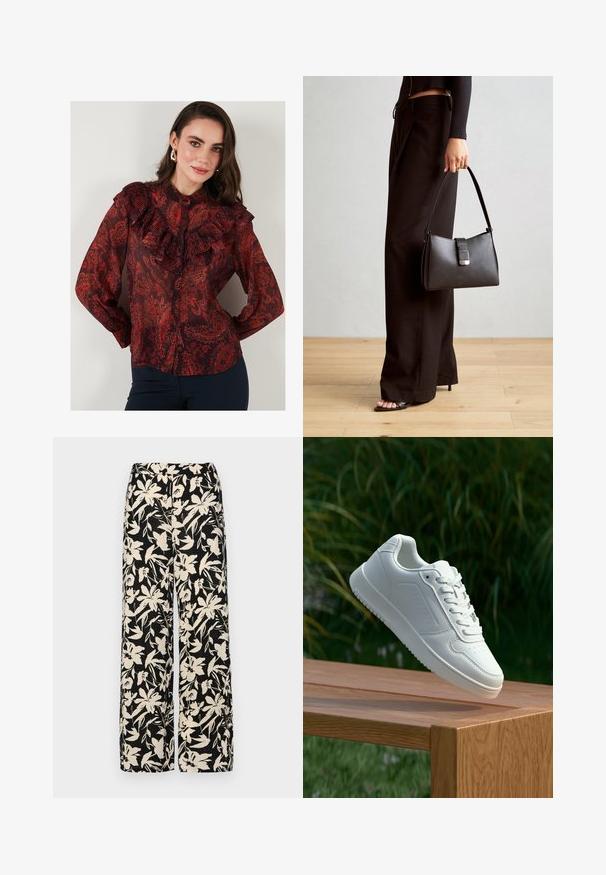 Rote Bluse mit Paisleymuster aus transparentem Stoff, mit Rüschenkragen und Knopfleiste. Lange Ärmel mit geknöpften Manschetten.; Schwarze weit geschnittene Hose mit einem cremefarbenen Blumenmuster. Hergestellt aus leichtem Stoff, mit einer glatten Textur und einem hohen Bund.; Weiße Sneaker mit einem glatten, synthetischen Obermaterial, perforierter Zehenbox, flachen Schnürsenkeln und einer strukturierten Sohle, präsentiert auf einer Holzoberfläche.; Schwarze Handtasche mit strukturierter Form, glatter Textur und einem metallischen Verschluss. Kombiniert mit weiten schwarzen Hosen und offenen Sandalen auf einem Holzboden.