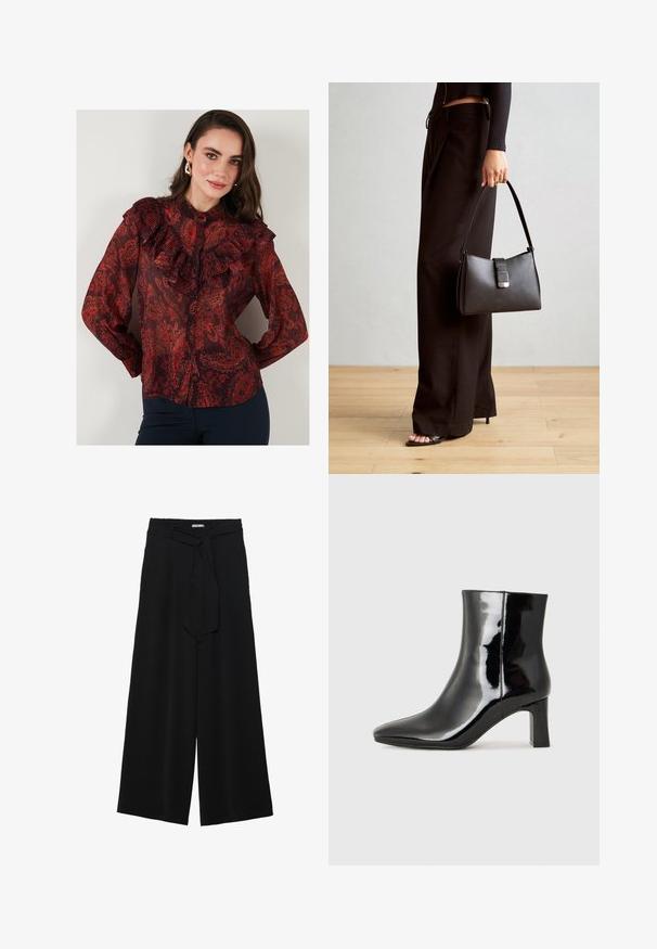 Blusa rossa con motivo paisley, in tessuto trasparente, colletto arricciato e chiusura con bottoni. Maniche lunghe con polsini abbottonati.; Pantaloni neri a gamba larga caratterizzati da un tessuto testurizzato, una vita elastica e una cintura staccabile per una vestibilità regolabile.; Stivaletto in pelle verniciata nera con punta a punta e tacco a blocco di altezza media. Texture liscia e design minimalista.; Borsa nera con forma strutturata, texture liscia e una chiusura metallica. Abbinata a pantaloni neri larghi e sandali open-toe su un pavimento in legno.