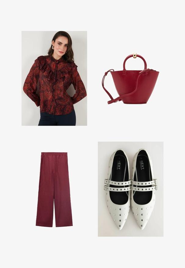 Rote Bluse mit Paisleymuster aus transparentem Stoff, mit Rüschenkragen und Knopfleiste. Lange Ärmel mit geknöpften Manschetten.; Burgunderfarbene weit geschnittene Hose aus weichem Material, mit einem elastischen Bund, zwei Seitentaschen und einer lässigen Silhouette.; Weiße Lederflachschuhe mit spitzen Zehen, ausgestattet mit silbernen Nieten und zwei Riemen mit Schnallen über dem Spann. Schwarze Innenausstattung.; Rote Lederhandtasche mit abgerundetem Oberteil, strukturierter Kegelform, einem kurzen Henkel und einem abnehmbaren Schultergurt. Verfügt über Akzente aus goldfarbener Hardware.