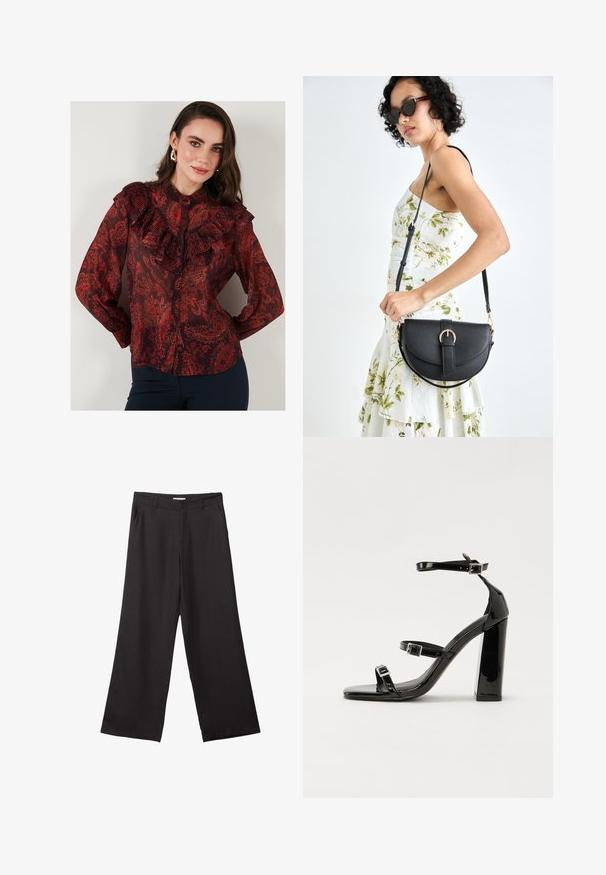 Rød bluse med paisley-mønster i gennemsigtigt stof, flæser på kraven og knaplukning foran. Lange ærmer med knapmanchetter.; Sorte bukser med vidde, lavet af glat stof, med en frontlynlås og to sidelommer, i en skræddersyet pasform og minimalistisk design.; Sorte patenterede hælsandaler med firkantet tå, ankelremme og sølvspænder. Har en chunky blokHæl for stabilitet.; Sort læderhåndtaske med en buet form, aftagelig rem og guldfinish. Tasken har en klap med en spænde detalje.
