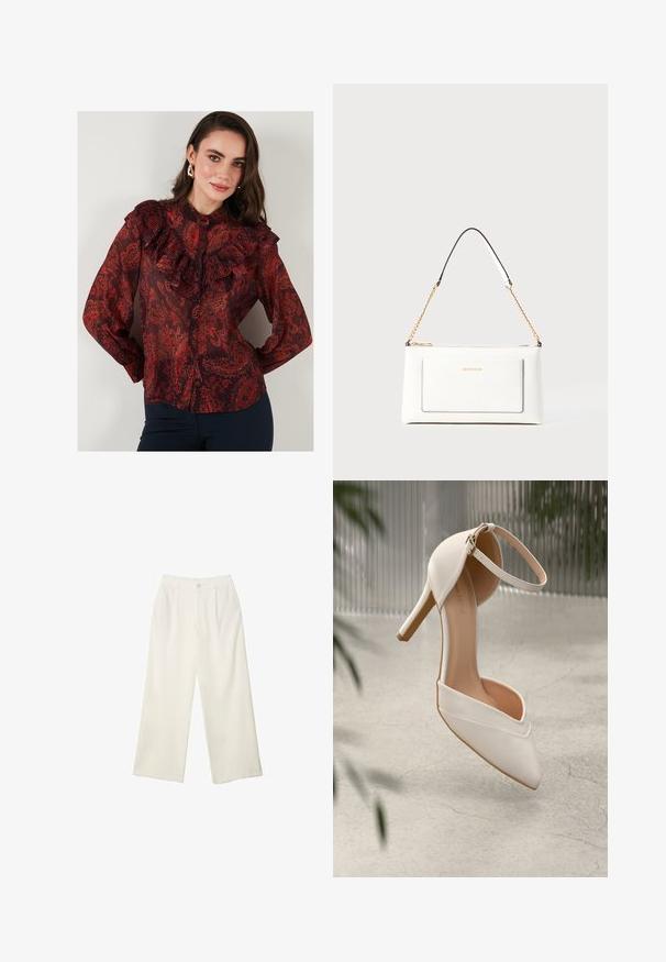 Červená blúzka s paisley vzorom, vyrobená z priesvitnej látky, so volánovým golierom a zapínaním na gombíky. Dlhé rukávy s gombíkovými manžetami.; Široké nohavice z krémovej látky s hladkou textúrou, s jedným predným gombíkom, jemnými skladmi a vysokým pásom.; Biele vysoké lodičky z hladkého materiálu s špicatou špičkou a členkovým remienkom. Majú svetlohnedý interiér a akcenty v zlatej farbe.; Biele kožené kabelka s textúrovaným povrchom, ktorá má zlatý retiazkový popruh a čierne akcenty. Obsahuje prednú kapsu a zipsové zapínanie.