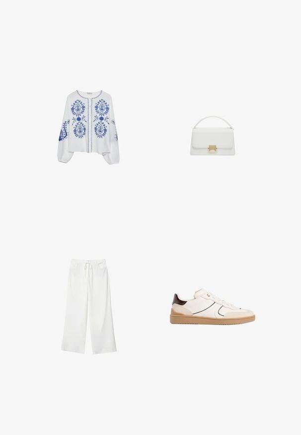 Stradivarius EMBROIDERED  - Bluse - blue; Weiße, weite Hosen aus weichem Stoff, mit einem Kordelzug in der Taille und zwei vorderen Taschen. Glatte Textur und keine sichtbaren Muster.; Stradivarius Sneaker low - white; Weiße Lederhandtasche mit strukturiertem Design, ausgestattet mit einem oberen Griff und einem goldfarbenen Verschluss. Glatte Textur und minimalistische Akzente.