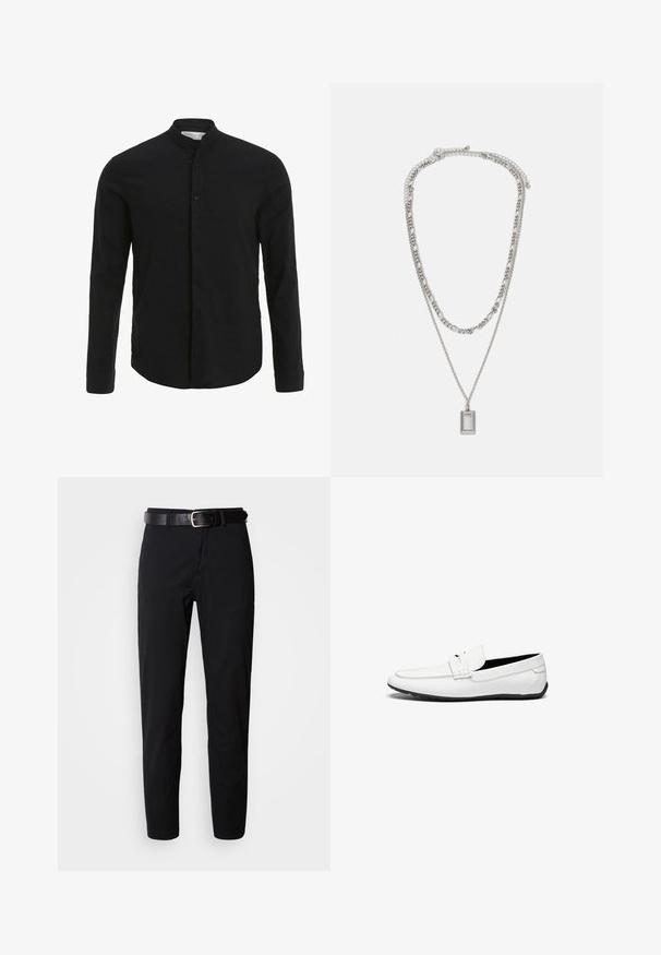 Black long-sleeve shirt with a band collar, front button closure, and a smooth texture. Straight hem and fitted design.; Black trousers with a straight cut, featuring a smooth texture and a black leather belt with a silver buckle. Simple design, no patterns or accents.; White leather loafers with a smooth finish, featuring a stitched accent, a rounded toe, and a black rubber sole for grip.; Silver necklace with two layered chains; features a rectangular pendant with a smooth surface, showcasing a polished metal finish.