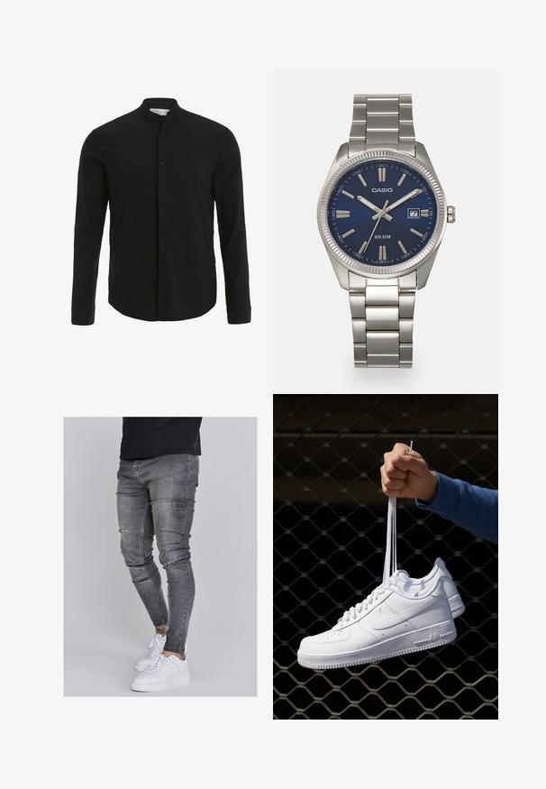 Czarna koszula z długim rękawem, z kołnierzykiem stójkowym, zapinana na guziki z przodu, o gładkiej fakturze. Prosty dół i dopasowany fason.; Wąskie dżinsy w wyblakłym szarym denimu, z przetarciami na kolanach, zestawione z białymi trampkami. Gładka faktura, fason dopasowany.; Białe skórzane sneakersy z perforacjami, okrągłym noskiem, płaską podeszwą i grubymi sznurówkami, z widocznym logo swoosh i napisem „AIR” na pięcie.; Srebrny zegarek na stalowej bransolecie z niebieską tarczą, metalowymi indeksami godzinowymi oraz okienkiem daty na godzinie 3. Wodoodporny do 50 metrów.