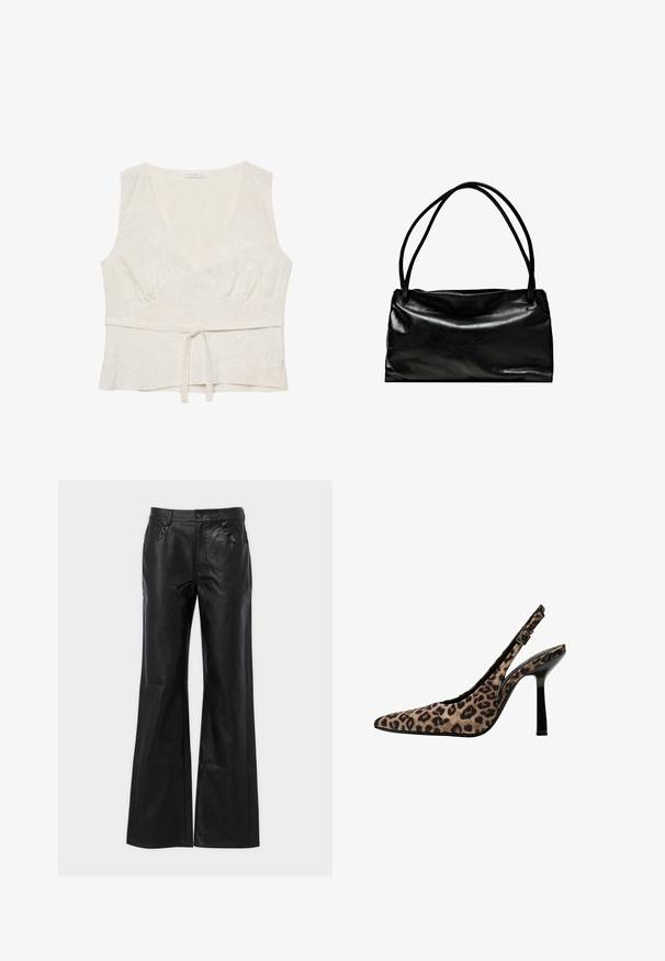 Biała lniana bluzka z dekoltem w serek, lekko marszczonym wcięciem w talii i wiązanym przodem. Ozdobiona delikatnym haftem kwiatowym. Bez rękawów.; Czerny skórzane spodnie w stylu dzwonów o gładkiej teksturze, z metalowym zapięciem i przednimi kieszeniami. Charakteryzują się wysokim stanem i dopasowanym krojem.; Sandały na obcasie w leopardzi wzór z ostrym noskiem, czarnymi lakierowanymi akcentami, cienkim wysokim obcasem i regulowanym paskiem z klamrą. Materiał syntetyczny.; Czarna skórzana torba o gładkiej fakturze, prostokątnym kształcie i dwóch długich uchwytach. Prosty design bez widocznych elementów metalowych czy ozdób.