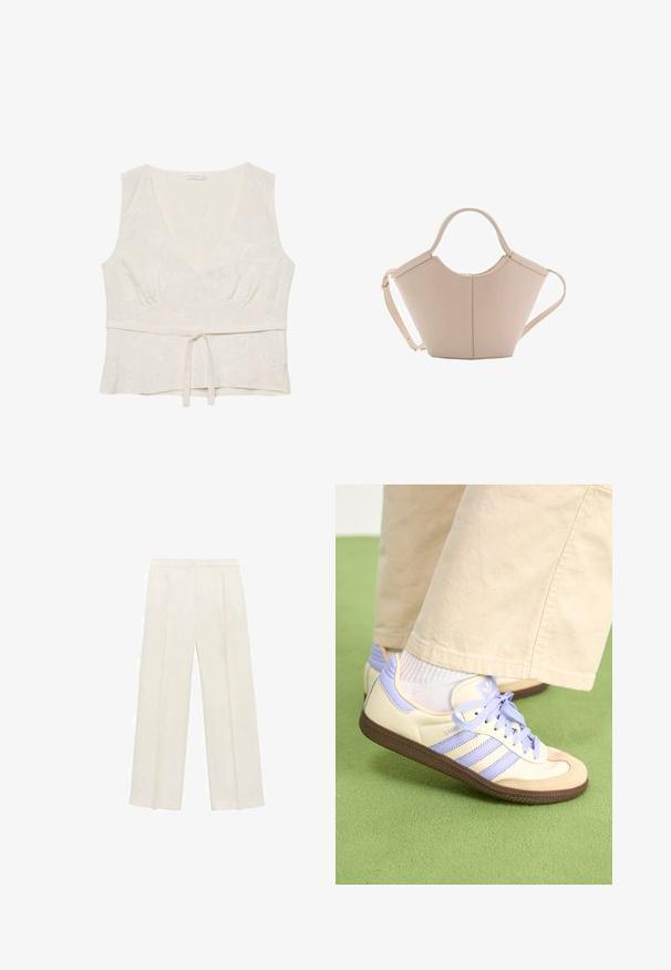 Vit linnetopp med v-ringning, något samlad midja och knytframdelen. Har lätt blommig broderi över hela plagget. Ärmlös design.; Breda byxor i en ljus krämfärg. Tillverkade av ett mjukt tyg med veck fram och sidofickor.; Krämfärgade och lavendelfärgade sneakers med tre ränder och en texturerad brun sula, med snören och en vadderad häl. Mjuk tygobero.; Beige läderhandväska med en unik form, med två korta handtag och ett långt justerbart axelband. Slät textur med minimal hårdvara.