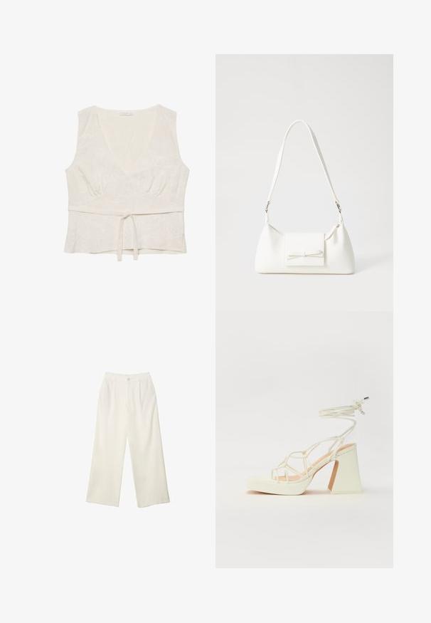 Biely ľanový top s výstrihom do V, mierne zhromaždeným pásom a viazaním vpredu. Obsahuje jemnú kvetinovú výšivku po celom povrchu. Bezrukávový dizajn.; Široké nohavice z krémovej látky s hladkou textúrou, s jedným predným gombíkom, jemnými skladmi a vysokým pásom.; Biele sandále na vysokom opätku s hrubým podpätkom, s pruhovaným dizajnom a viazaním na členku. Hladký povrch s platformou vpredu pre zvýšenú výšku.; Biela syntetická kabelka s trojuholníkovým tvarom, plochým predným klapkou a detailom mašle, nastaviteľným popruhom, hladkou textúrou a minimalistickým dizajnom.