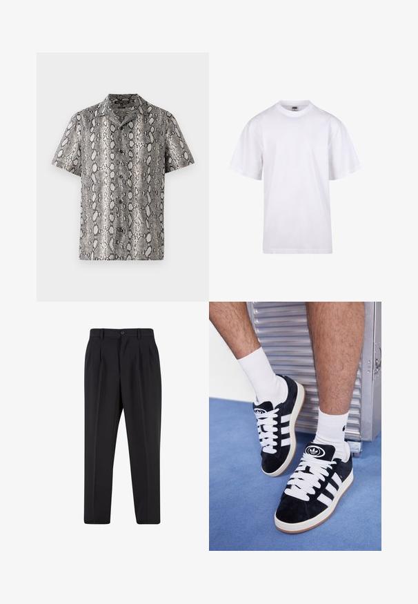 Kortærmet skjorte i sort og hvid med slangeskinds mønster, med en notched krave og knapfront detalje. Lavet af letvægts stof.; Hvid bomulds T-shirt med rund halsudskæring, korte ærmer og en afslappet pasform. Har et enkelt design uden mønstre eller dekorationer.; Sorte bukser med plisseret frontdesign, lavet af glat stof. Har knaplukning og bæltestropper; lige pasform.; Sorte ruskinds sneakers med hvide snørebånd og tre hvide striber. Har et rundt sort logo på tungen og en gummigummisål.