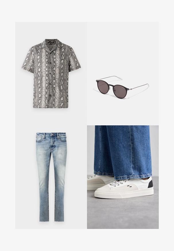 Chemise à manches courtes noire et blanche avec un motif de peau de serpent, dotée d'un col cranté et de détails à boutons sur le devant. Fabriquée en tissu léger.; T-shirt en coton noir avec un col rond, des manches courtes et le logo "EMPORIO ARMANI" en blanc au-dessus de "Milano" dans un design incurvé.; Jean en denim bleu clair avec une finition délavée, design slim fit, cinq poches et couture contrastante aux coutures.; Baskets blanches et noires avec une tige en cuir lisse, des accents texturés et une semelle épaisse blanche. Présentent un design classique à lacets.; Lunettes de soleil noires rondes avec verres sombres et branches en métal fines. Comprend des embouts transparents et des accents argentés au niveau de la charnière. Design minimaliste.