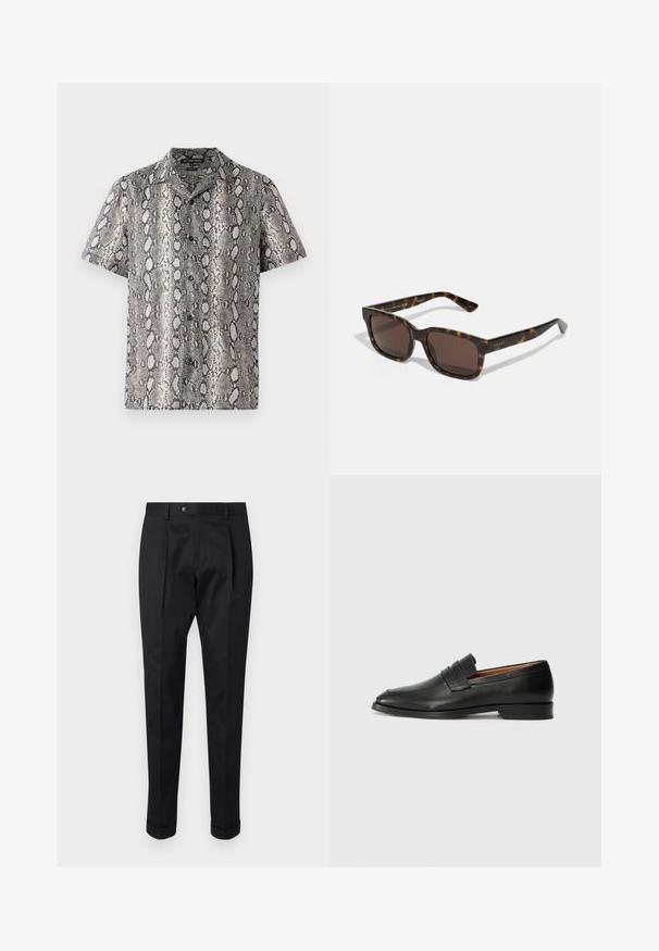 Chemise à manches courtes noire et blanche avec un motif de peau de serpent, dotée d'un col cranté et de détails à boutons sur le devant. Fabriquée en tissu léger.; Pantalons noirs en tissu lisse, avec un pli à l'avant, une fermeture à bouton et des ourlets roulés à la cheville.; Mocassin en cuir noir avec un bout arrondi, des coutures subtiles et un talon bas, présentant une texture lisse et un design minimaliste.; Lunettes de soleil Gucci avec des montures en plastique écaille de tortue de forme carrée et des verres marron. Présente un logo discret sur les branches.