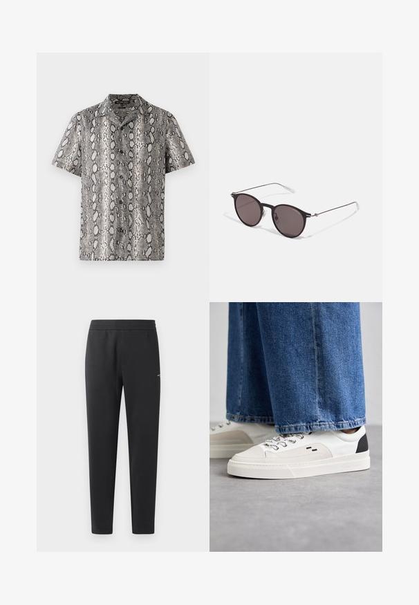 Krátky rukáv košele v čierno-bielej farbe s hadím vzorom, s vykrojeným golierom a detailom na zapínaní na gombíky. Vyrobené z ľahkej tkaniny.; Čierne joggingové nohavice z mäkkej tkaniny, s elastickým pásom, rovnými nohavicami a malým logom na boku.; Biele a čierne tenisky s hladkým koženým zvrškom, štruktúrovanými akcentmi a masívnou bielou podrážkou. Obsahujú klasický dizajn so šnurovaním.; Čierne okrúhle slnečné okuliare s tmavými sklami a tenkými kovovými ramenami. Obsahujú priehľadné konce rámov a strieborné akcenty na pántoch. Minimalistický dizajn.