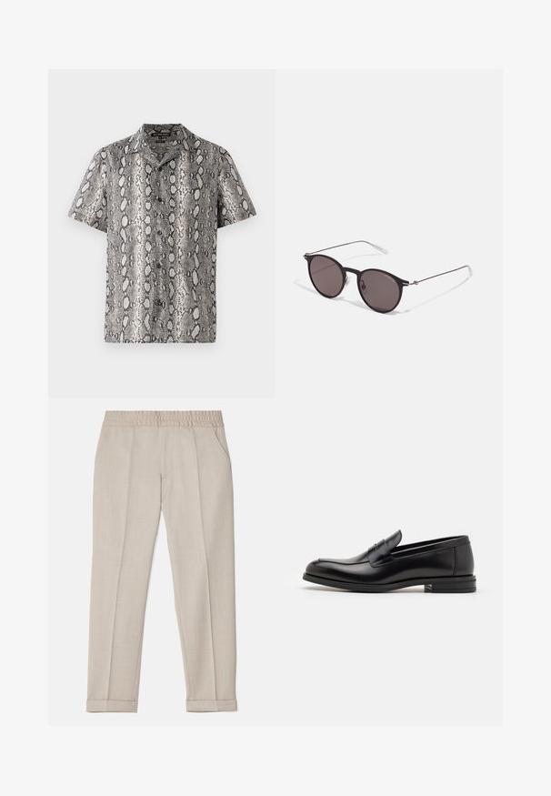 Lühikeste varrukatega särk musta ja valge kääriooni mustriga, millel on sälguga krae ja nööpidega esikinnitus. Valmistatud kergest kangast.; Filippa K TERRY CROPPED TROUSERS - Püksid - sage melange; Mustad mustad nahast loafers sileda tekstuuriga, ümarat ninaosa ja dekoratiivne riba vampi üle. Madal kihiline konts, minimalistlik disain.; Mustad mustad prillid tumedate läätsedega ja õhukeste metallist käepidemetega. Kaarja kujuga seljaosa ja hõbedased aktsendid hingel. Minimalistlik disain.