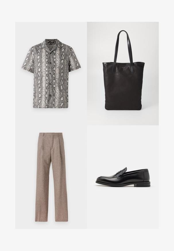 Short-sleeve shirt in black and white with a snake skin pattern, featuring a notched collar and button front detail. Made of lightweight fabric.; Brown, high-waisted trousers made of textured fabric. Features wide legs and two front pleats for structure. Neat finish with no visible hardware.; Black leather loafers with a smooth texture, rounded toe, and a decorative strap across the vamp. Low stacked heel, minimalist design.; Black canvas tote bag with black leather handles. Simple design, spacious body, and a smooth texture. No visible logos or patterns.