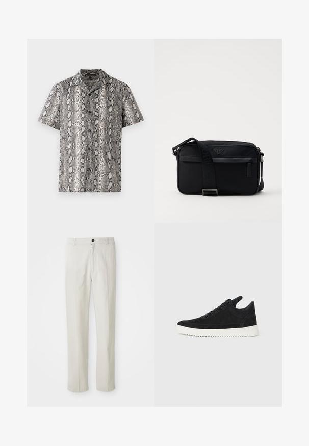Korte mouwen shirt in zwart en wit met een slangenhuidpatroon, voorzien van een ingesneden kraag en knoopsluiting. Gemaakt van lichtgewicht stof.; Beige recht gesneden broek met riemlussen, voorknop en ritsluiting, plat weergegeven op een witte achtergrond.; Zwarte suède sneakers met een witte rubberen zool, voorzien van tonale stiksels en een vetersluiting. Glad oppervlak met een moderne, gestroomlijnde vorm.; Zwarte nylon schoudertas met een contrasterende schouderband, een slank rechthoekig ontwerp, een logo-detail en een ritszak aan de voorkant.