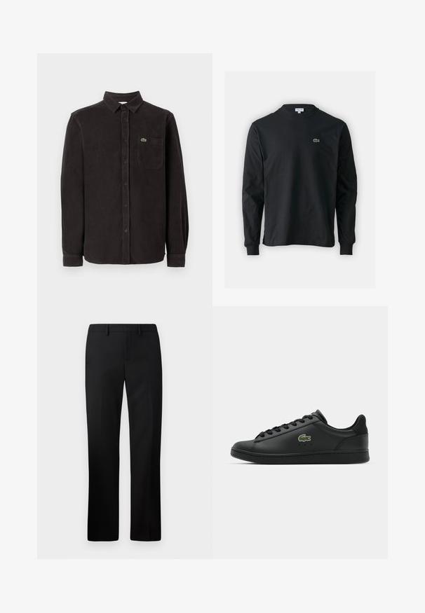 Zwarte corduroy overhemd met lange mouwen, een button-down kraag, een borstzak en een klein groen logo op de linker bovenkant.; Zwarte longsleeve t-shirt van katoen, met een ronde halslijn en een klein groen geborduurd krokodillenlogo op de linkerborst.; Zwarte op maat gemaakte broek met een rechte pijpdesign, gemaakt van gladde stof. Kenmerken zijn onder andere een platte voorkant en een middelhoge tailleband.; Zwarte leren sneaker met een zachte textuur, ronde neus, ton-sur-ton veters en een groene geborduurde logo aan de zijkant. Rubberen zool met een laag profiel.
