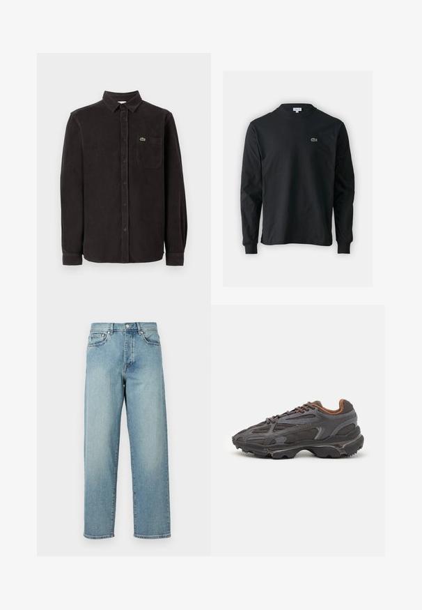 Svart kordfløyelskjorte med lange ermer, krage med knapper, frontlomme og liten grønn logo på øvre venstre side.; Svart langermet T-skjorte laget av bomull, med rund hals og en liten grønn brodert krokodillelogo på venstre bryst.; Lys blå denimjeans med løs passform, rette ben, fem-lomme-design og knappelukking i livet. Minimalistisk sømdetalj.; Lacoste-sneakers i mørkegrått med mesh- og syntetisk materiale, med en teksturert såle og brune detaljer på kragen og merket.