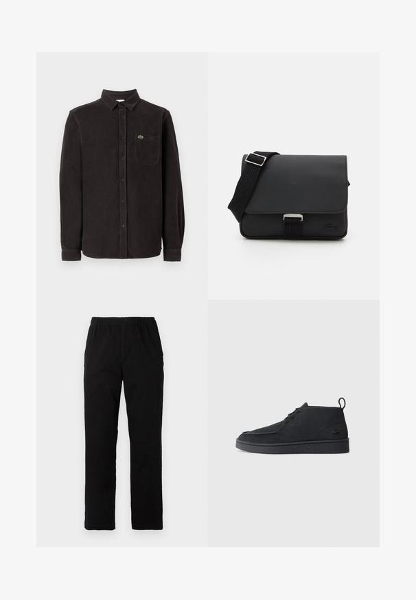 Camicia di velluto a coste nera con maniche lunghe, colletto a polo, tasca frontale e piccolo logo verde sul lato sinistro superiore.; Pantaloni neri realizzati in un tessuto misto cotone, caratterizzati da un taglio dritto, vita elastica con bottone e senza motivi o dettagli visibili.; Stivale alla caviglia in suede nero con lacci, dotato di una linguetta per il tiraggio e suola testurizzata, caratterizzato da un piccolo logo a forma di coccodrillo embossato sul lato.; Borsa a tracolla nera realizzata in materiale testurizzato con chiusura a pattina, tracolla regolabile e accessori in metallo. Presenta un dettaglio del logo sul davanti.